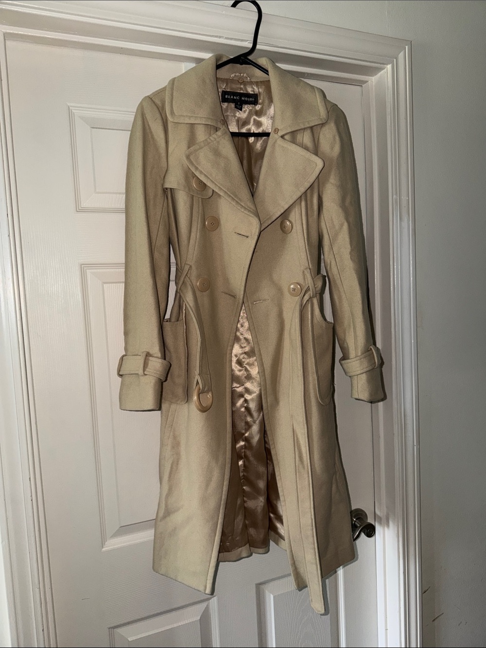 blanc noir Cream Double-Breasted Wool Trench Coat with Belt